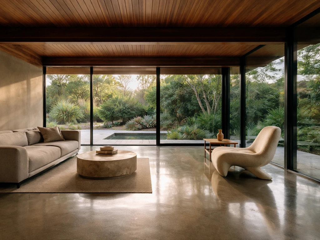 Minimal modernist house interior with large windows, warm wood tones, and soft natural light