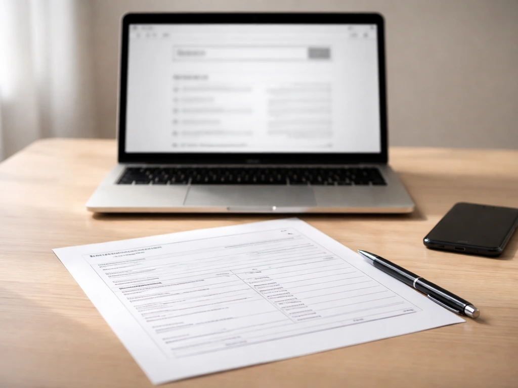 Desk with laptop and blank public-record papers, pen, and phone—symbolic of verifying and tracking updates.