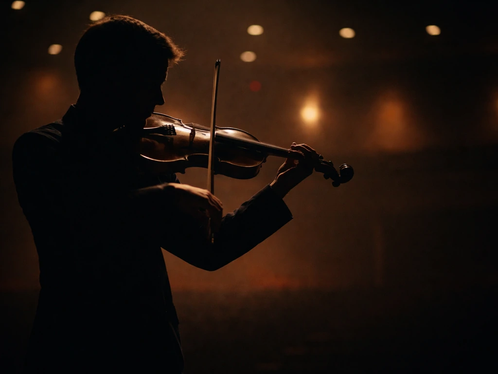 Violinist silhouette performing in a softly lit concert hall with warm stage lights