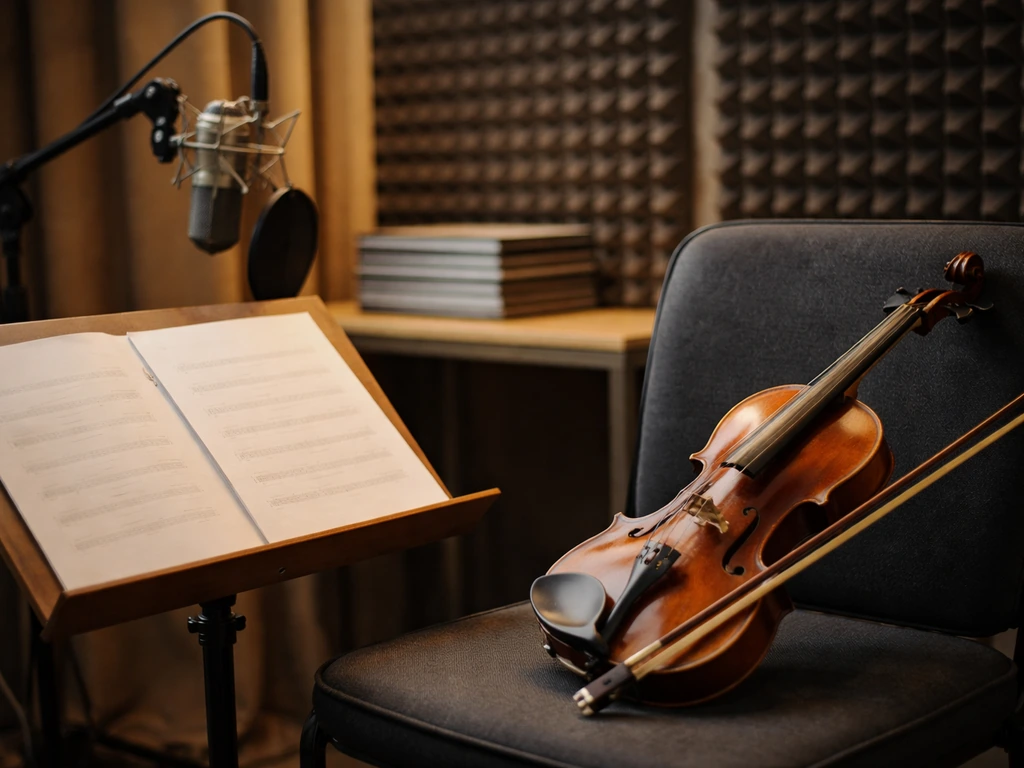 Violin and music stand beside a studio microphone with generic records, suggesting recording label royalties.