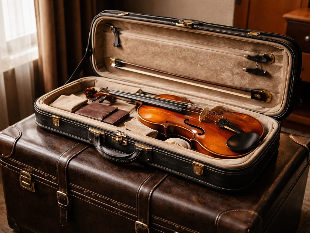 Open luxury violin case with bow and premium travel accessories in a hotel room corner under natural light.