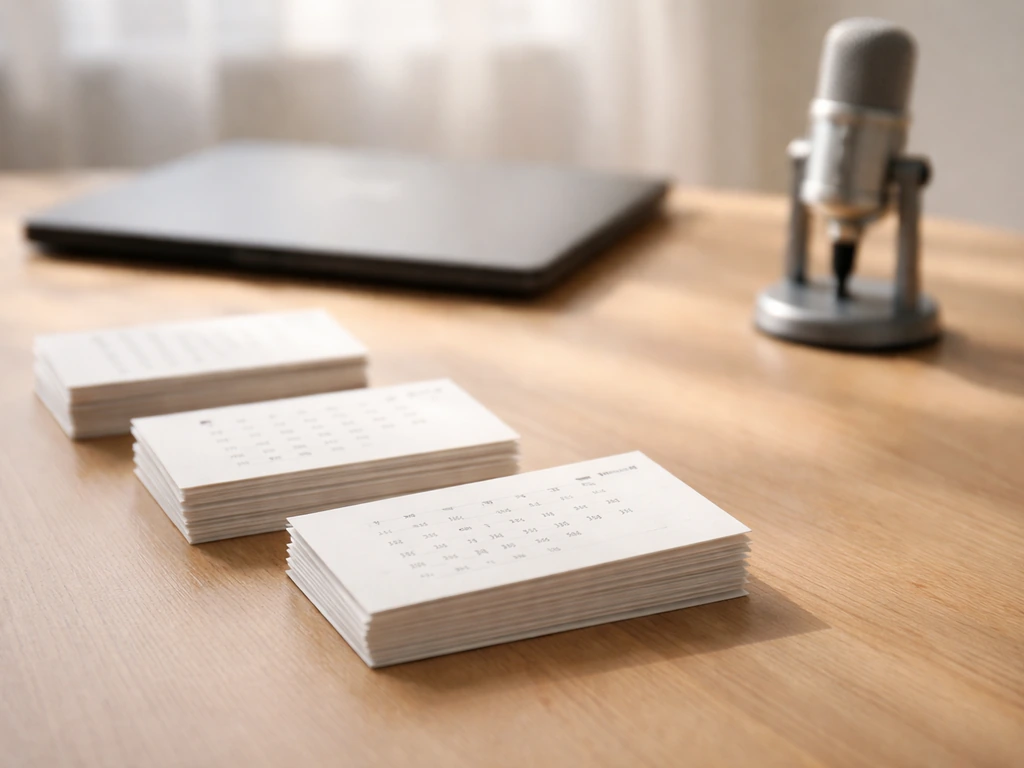 Minimal desk scene with blank calendar cards and studio gear, symbolizing career milestones over time.
