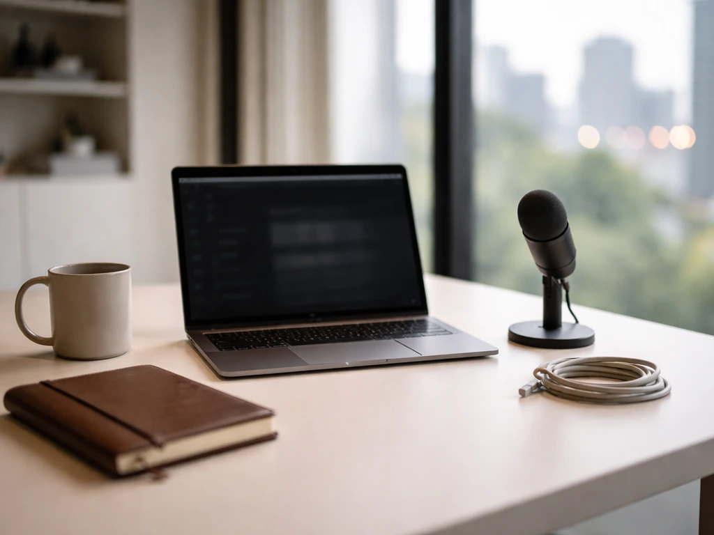 Minimal tech workspace with laptop, microphone, and city bokeh suggesting finance research and verification