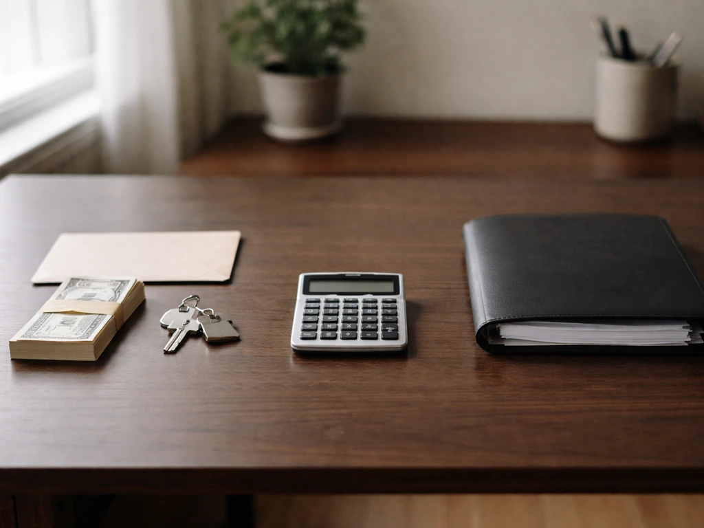 Minimal desk scene showing a simple assets-minus-liabilities concept with cash, keys, and a closed ledger.