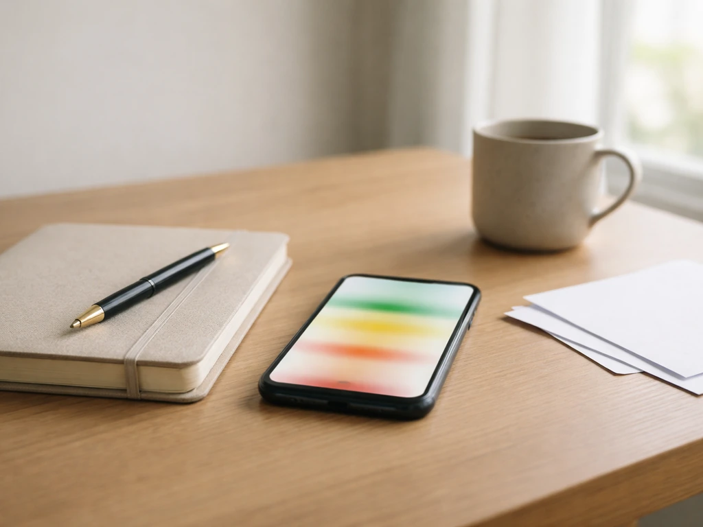 Minimal photo of a desk with a notebook, pen, and range-like colored bands on a blurred tablet—no readable text.
