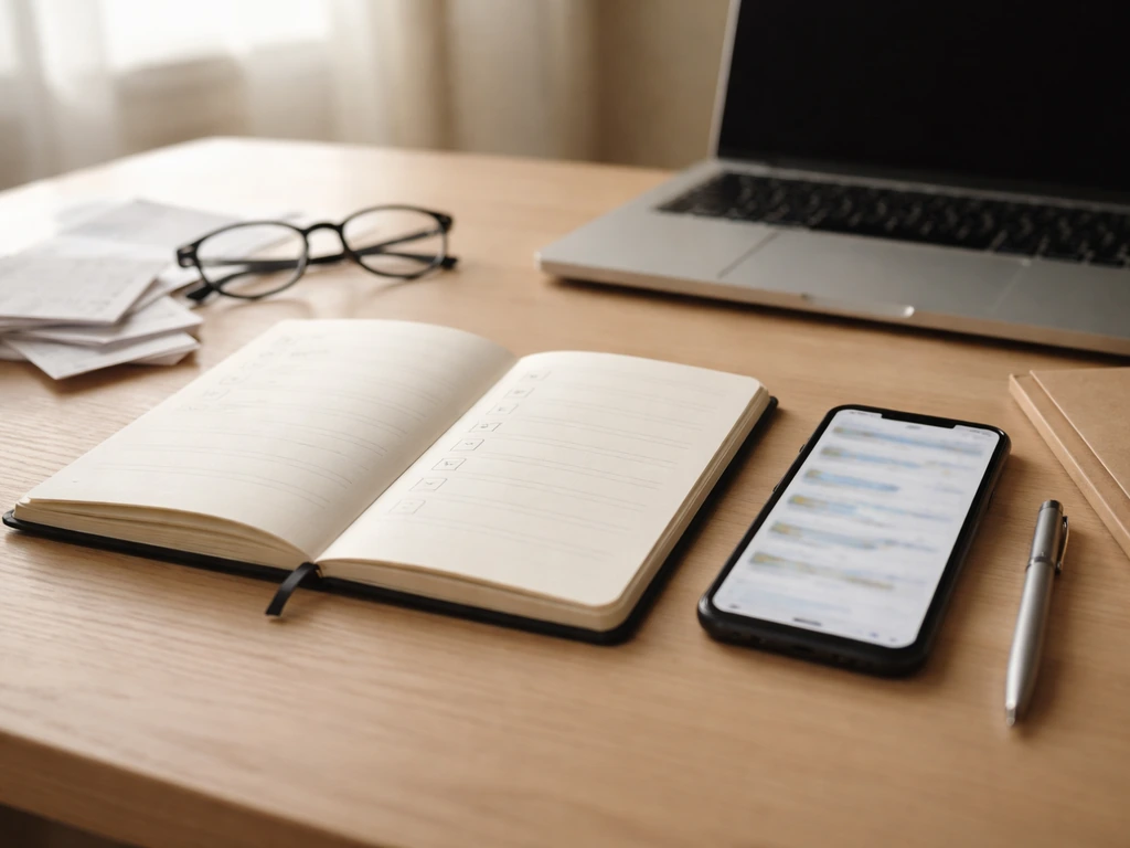 Minimal desk scene with notebook checklist, pen, smartphone, and papers for verifying a financial estimate.