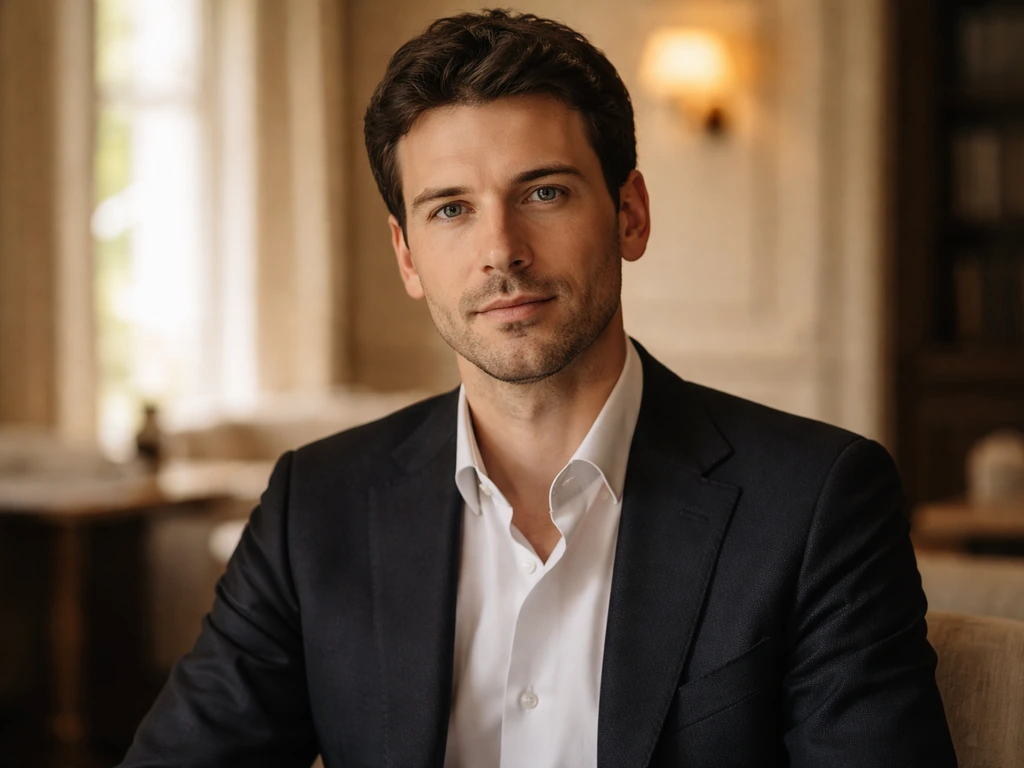 Man in a dark suit in a quiet European lounge, softly lit with blurred background, portrait-style.