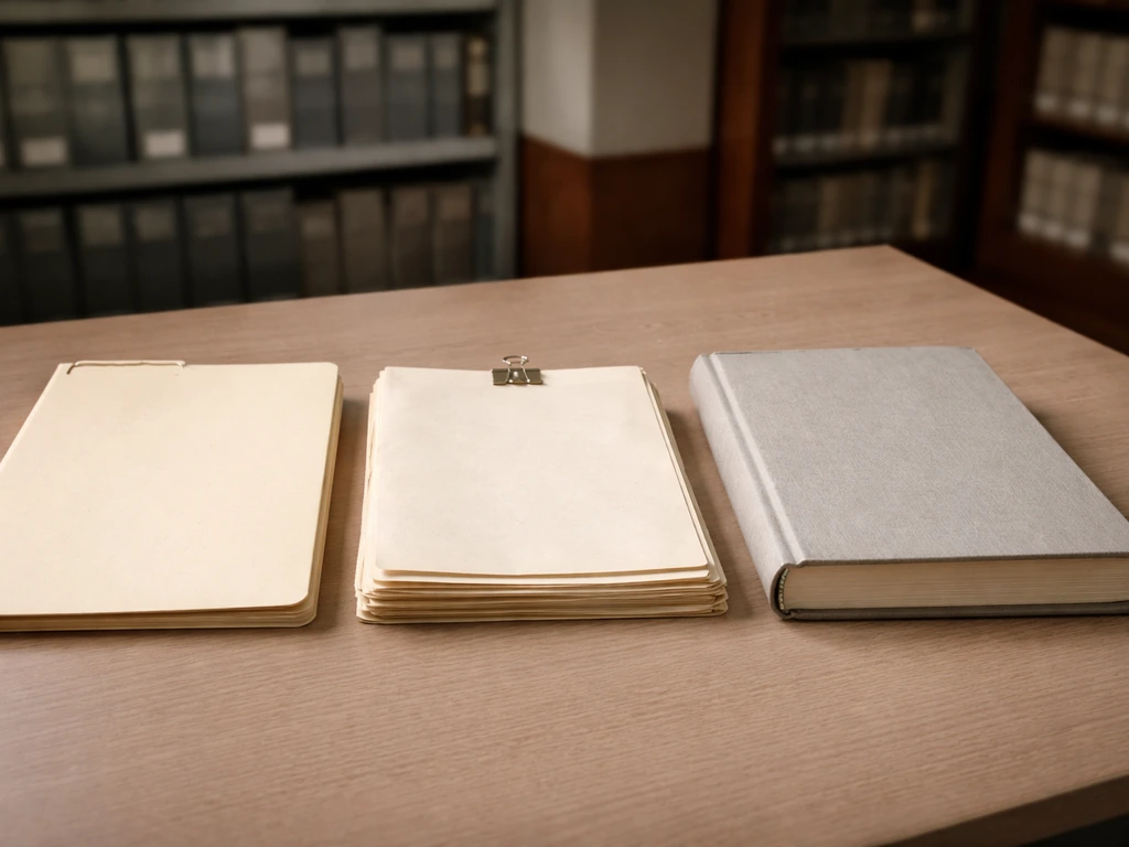 An unmarked folder and archive shelves representing official court records and credible media sources.