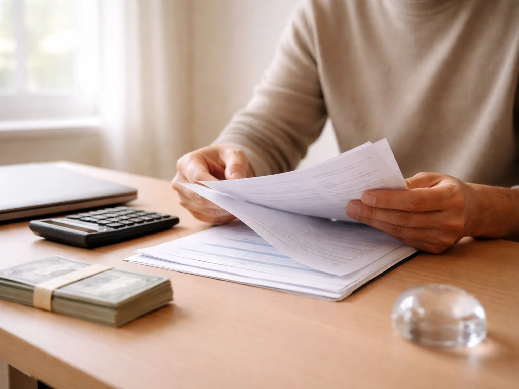 Person reviewing financial documents at a desk beside a laptop and cash-like props in soft natural light.