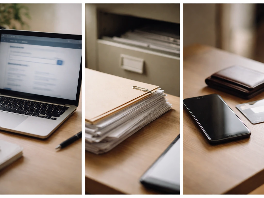 Minimal desk collage of an unreadable business registry, filing documents, and wallet/credit card reference.