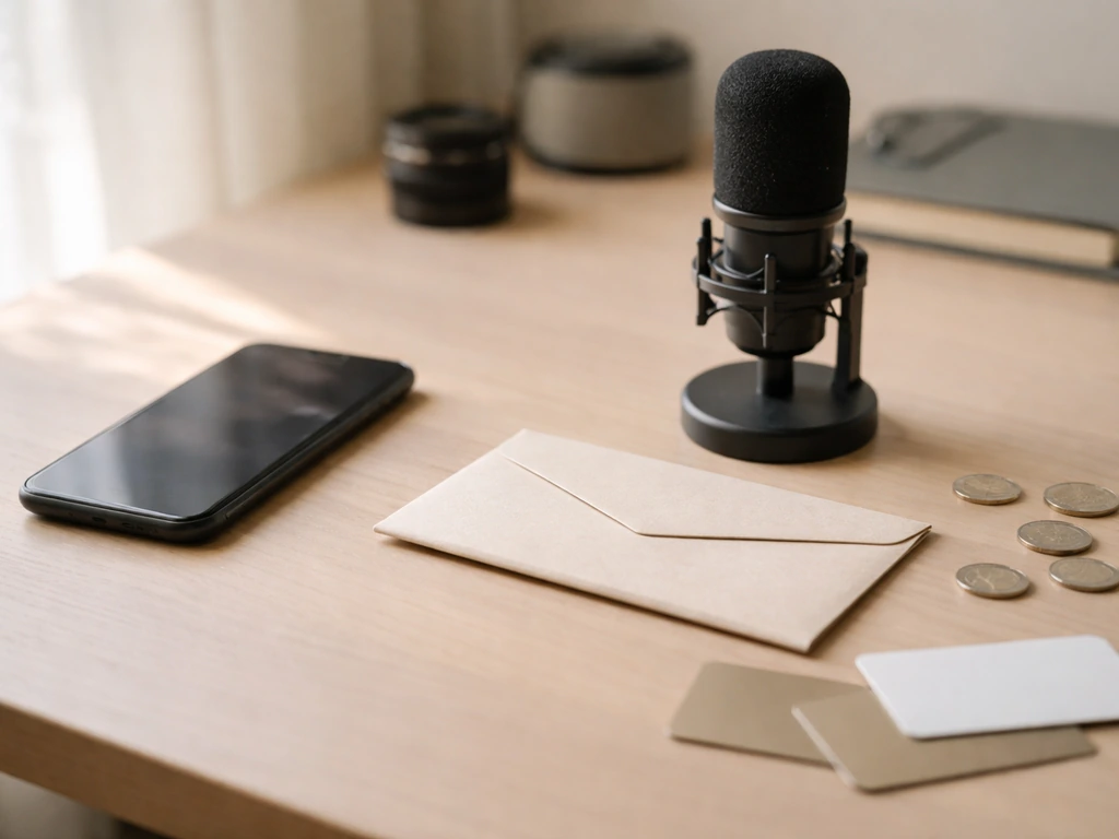 Minimal desk scene with smartphone, studio mic, and money envelope symbolizing social media income streams