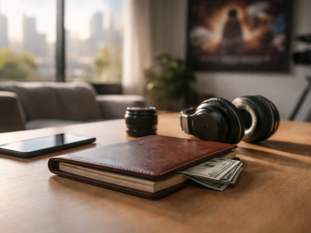 Minimal film office desk with headphones, camera lens, smartphone, and discreet cash under a notebook.