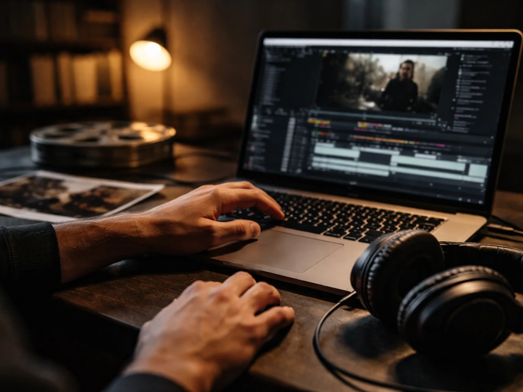 An anonymous filmmaker editing at a laptop in a quiet studio, symbolic of identifying the right Nicolas Pesce