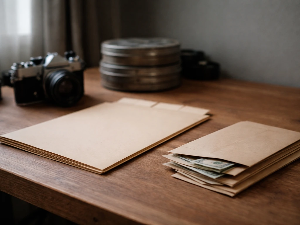 Minimal studio desk scene with film gear and a spread of cash-like envelopes to suggest an estimate range