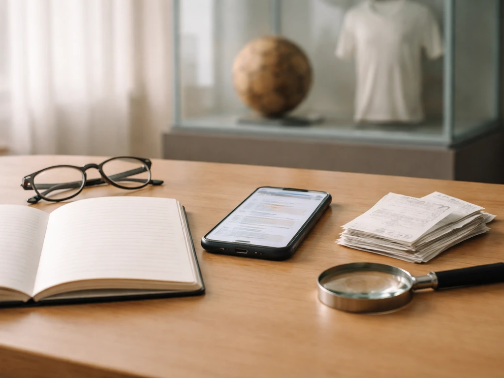 Minimal desk with receipts, magnifying glass, smartphone, and blurred soccer memorabilia display for net-worth verificat