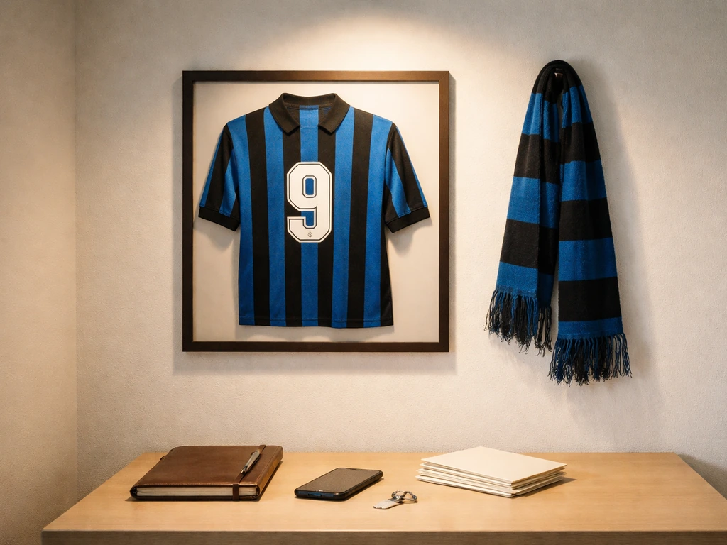Football memorabilia on a desk under a spotlight, symbolizing searches for an Italian Serie A forward.