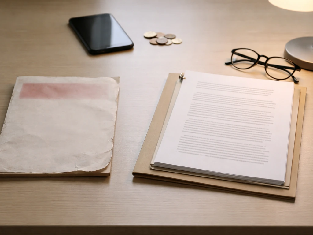 Desk scene contrasting a worn, unreliable article card with a tidy folder for verifying money claims.