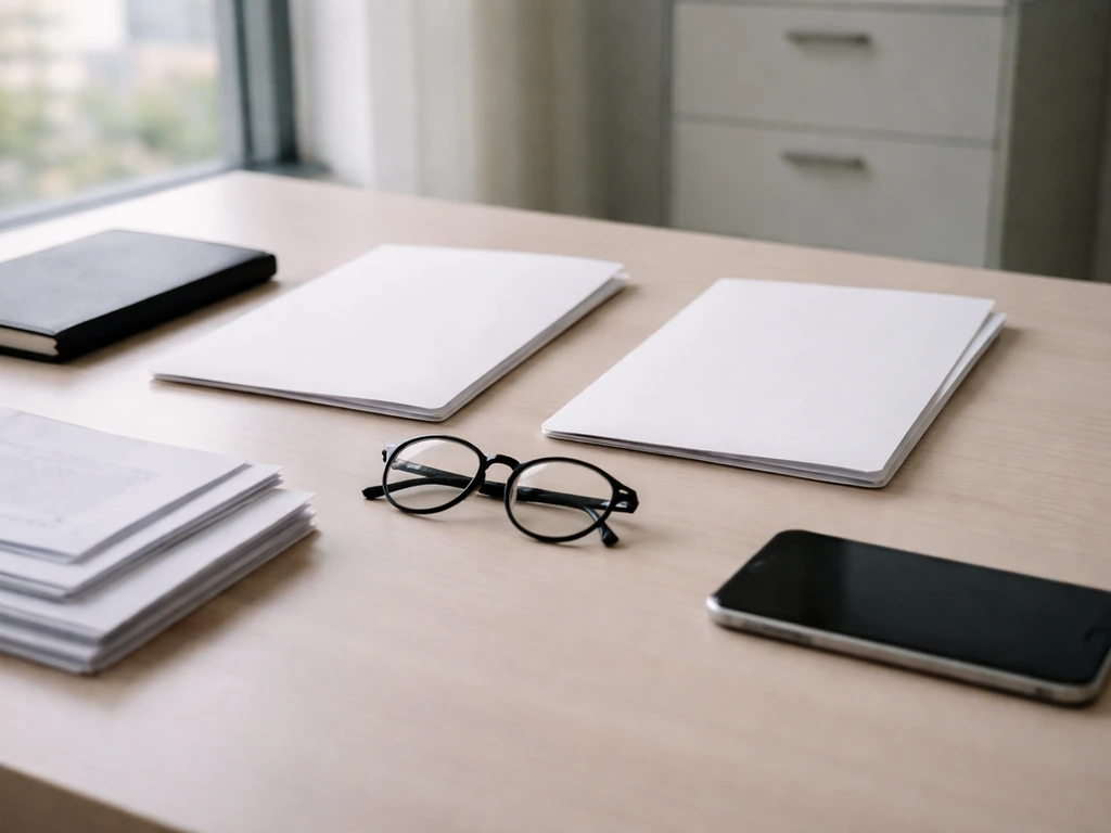Minimal desk scene with scattered documents and an anonymous phone call, symbolizing conflicting net worth estimates.