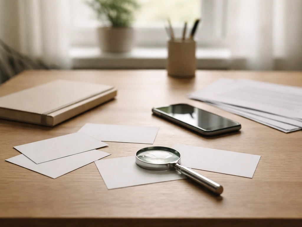 Minimal desk scene with blank index cards and a magnifying glass suggesting verifying information yourself.