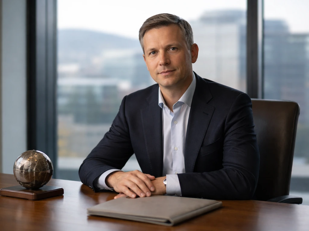 Norges Bank Investment Management CEO in a quiet Norges Bank office, seated at a desk with calm city views.