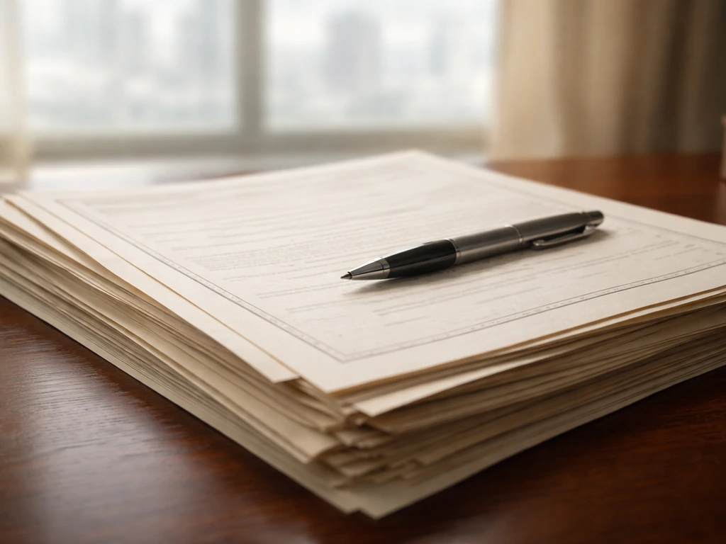 Close-up of stacked official-looking documents and a pen on a desk near a window with soft light.