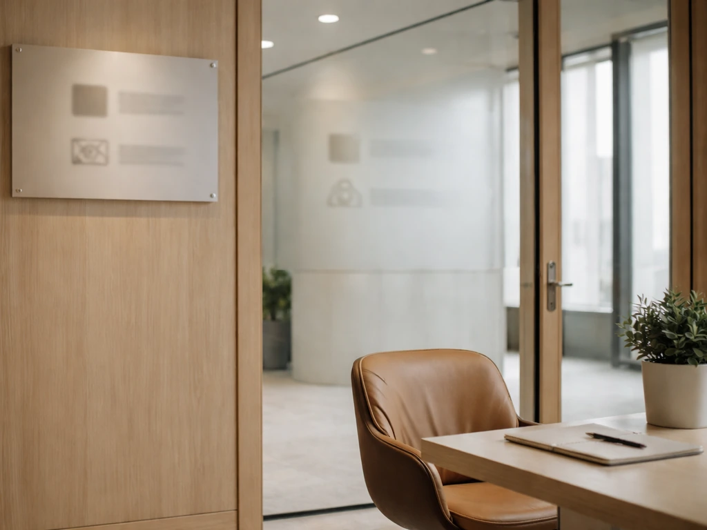 Minimal modern finance office entrance with blurred plaques and frosted signage hinting AKO Capital/Foundation ownership