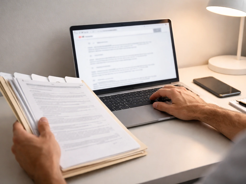 Person at a desk reviewing financial documents and using a laptop search, focused and minimal.