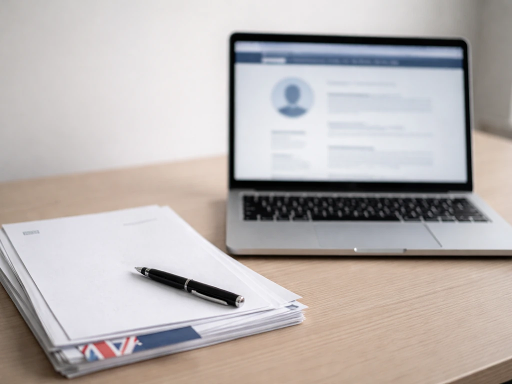 Minimal office scene with a laptop, documents, and a softly blurred business profile snapshot vibe