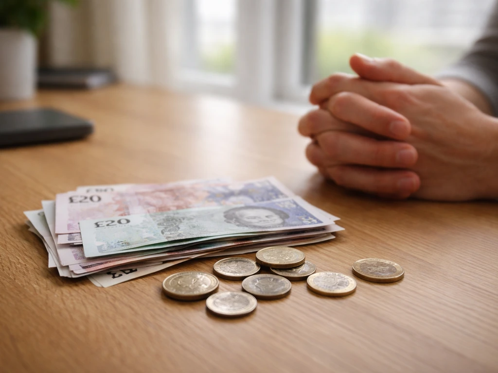Minimal photo of a UK money-themed desk scene with scattered coins and banknotes, symbolizing a net-worth range.