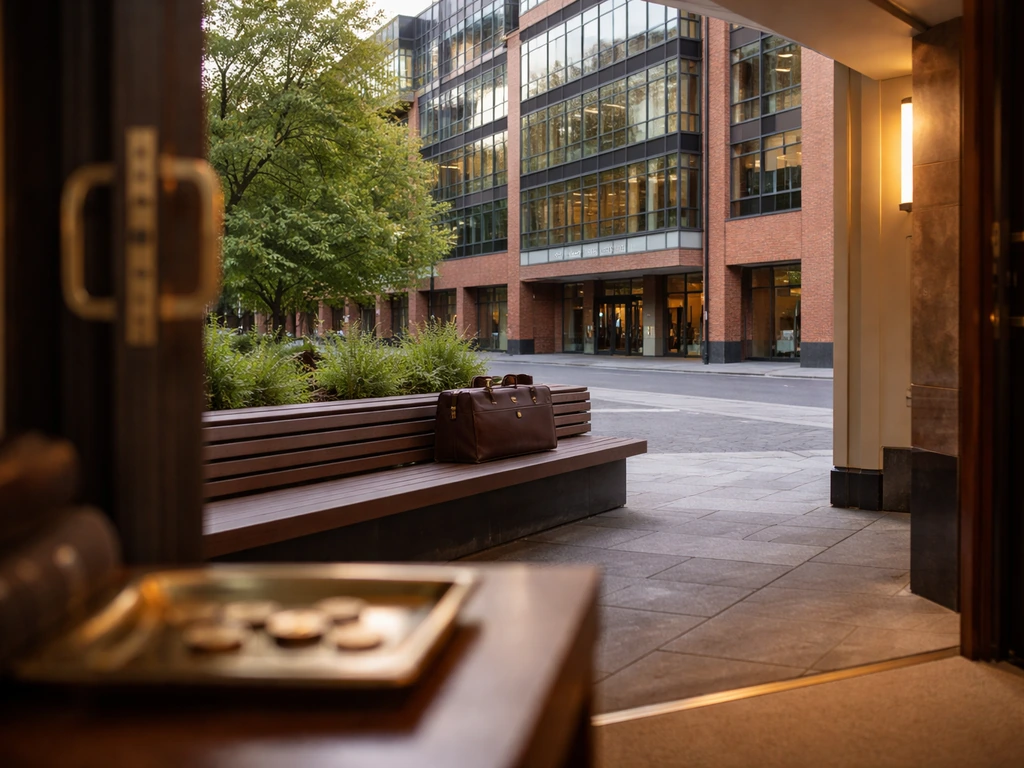 Exterior of a UK business school with a classic bank-lobby doorway motif and a briefcase, no people.