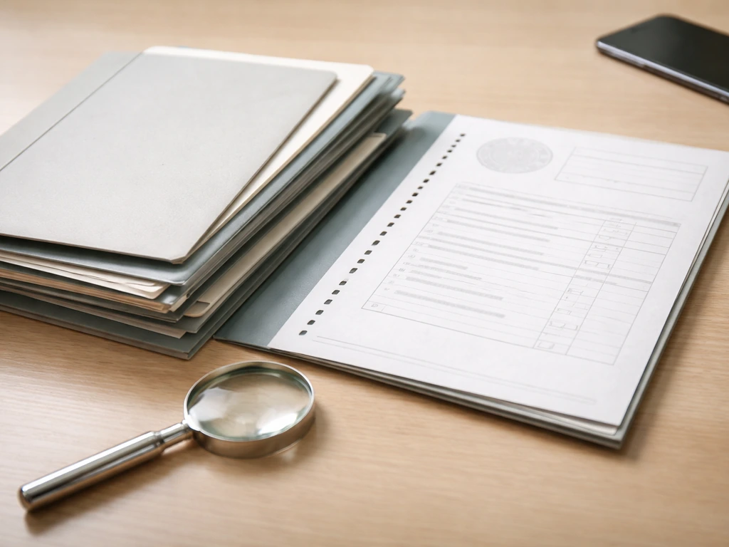 Minimal desk scene with documents and a checklist folder to symbolize verifying UK business records