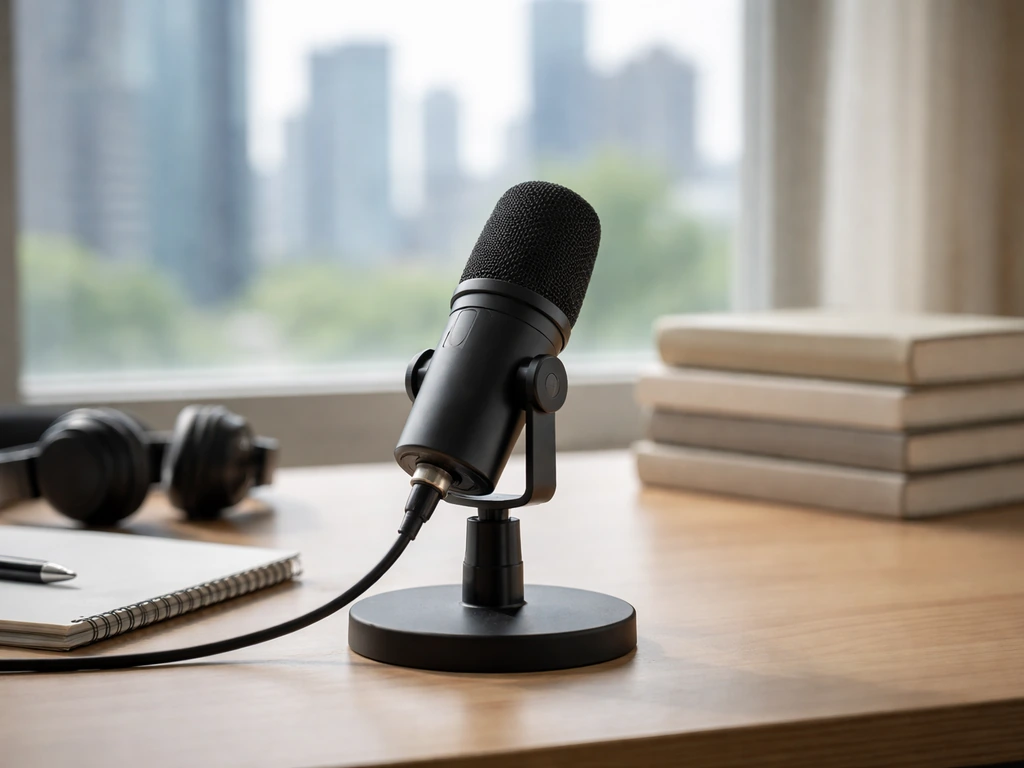Black podcast microphone on a studio desk with a softly blurred city skyline backdrop, no people visible.