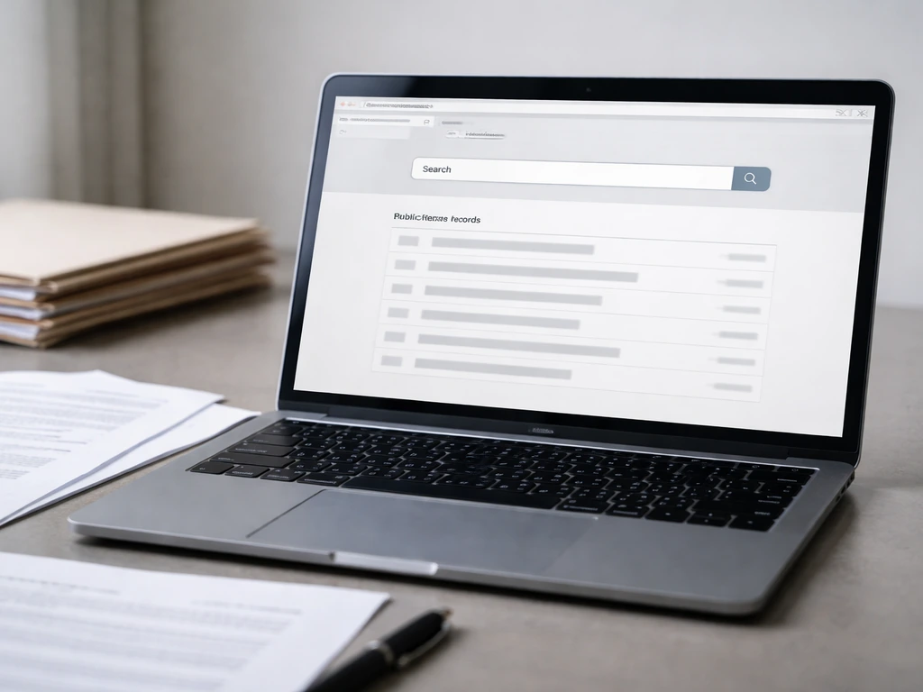 Close-up of a laptop showing a generic public records search workflow, with documents and a pen nearby.