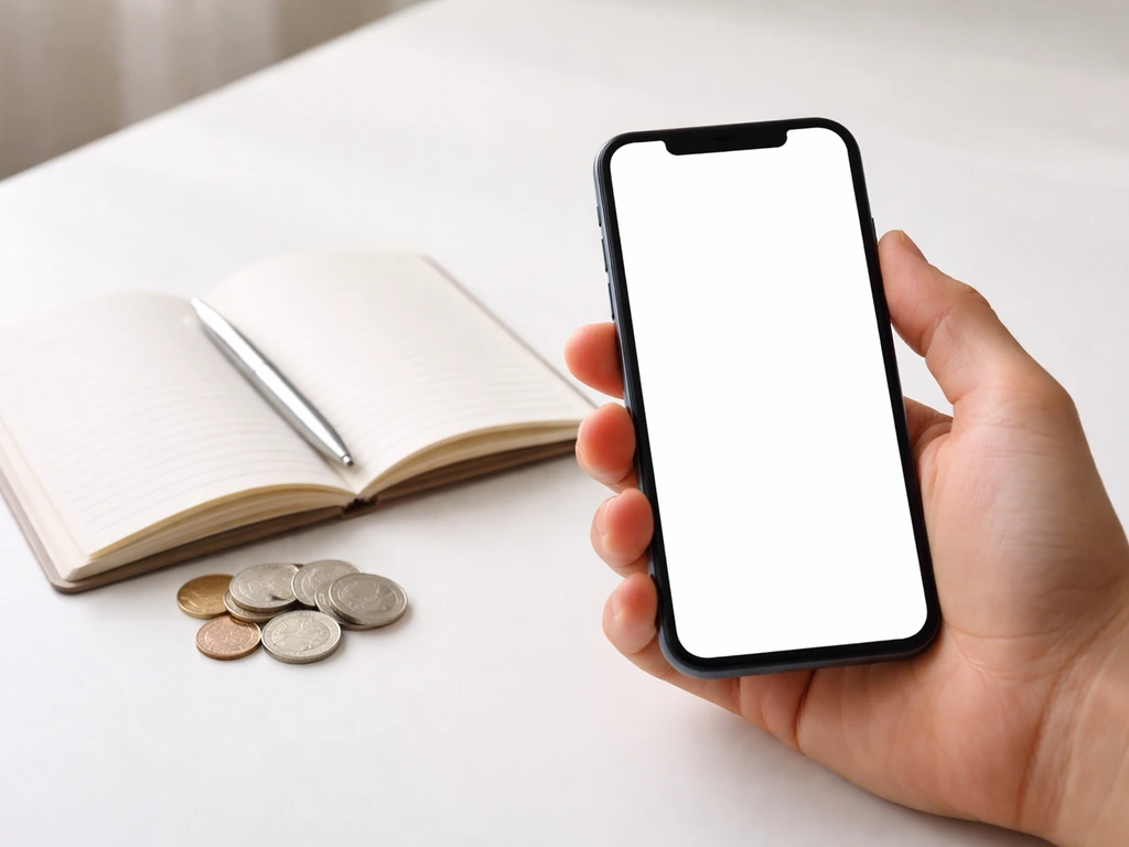 Hand holding a smartphone over a clean desk with neatly arranged coins and a small notebook