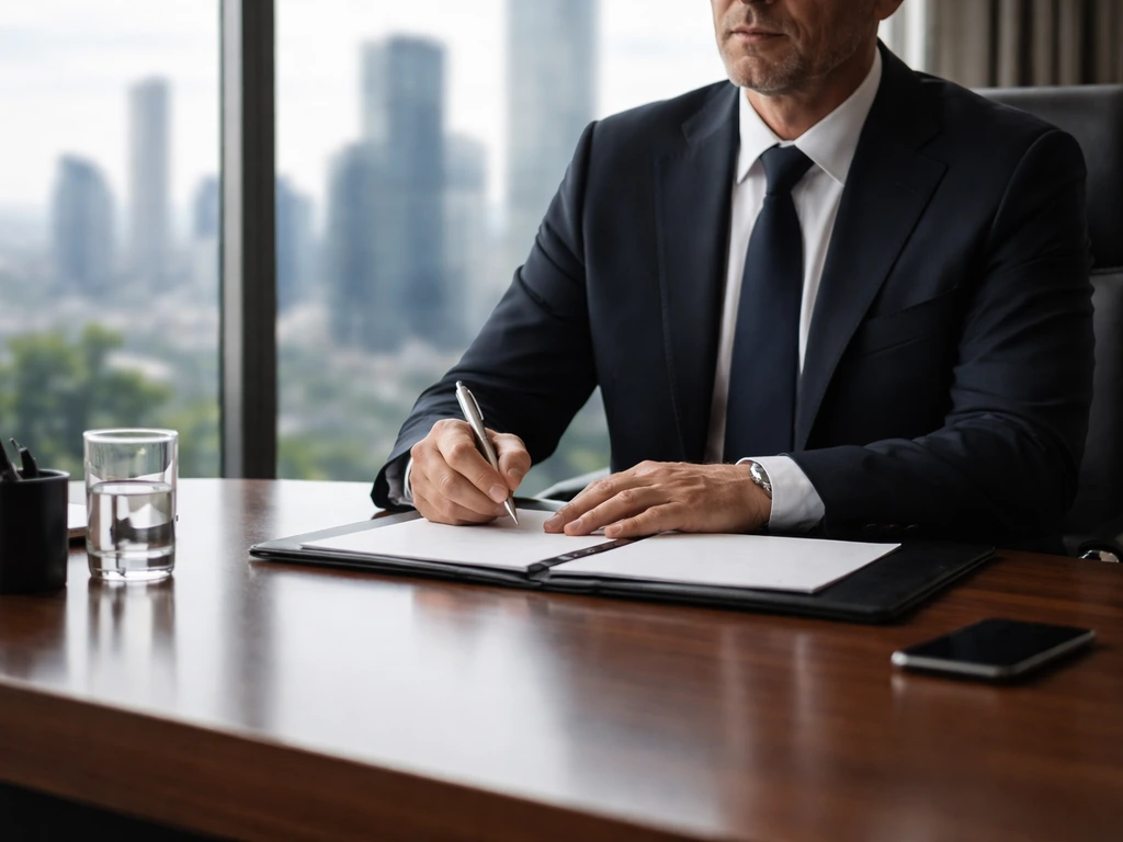 Anonymous corporate executive seated in a modern office with a blurred city skyline through windows.