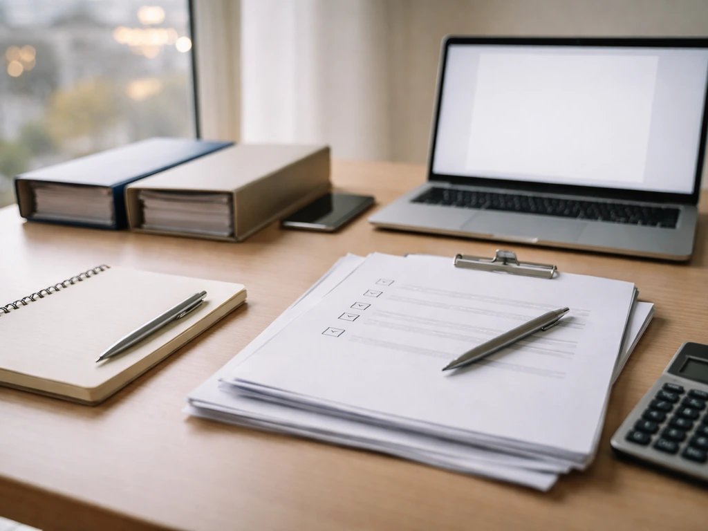Minimal office desk scene showing an analyst using documents and phone to cross-check financial filings.