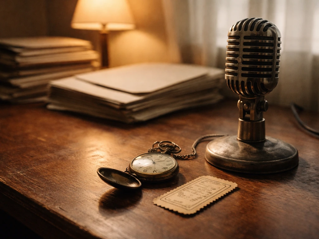 Vintage microphone, pocket watch, and old theater memorabilia on a desk in warm natural light.