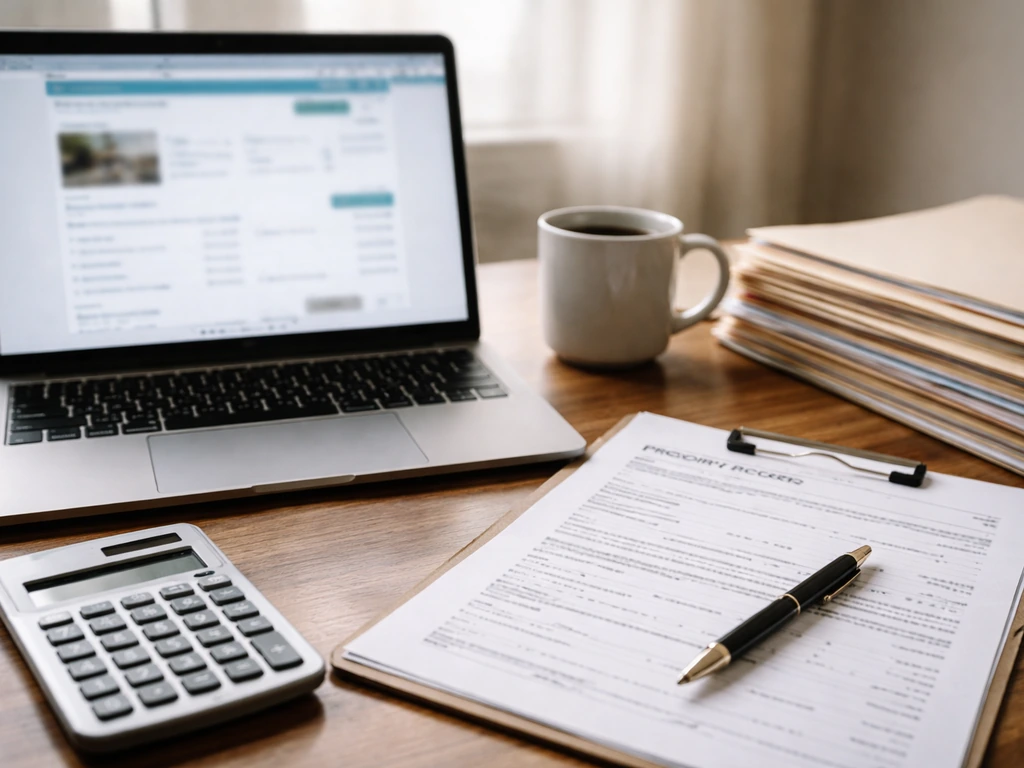 Minimal desk scene with blurred web page and out-of-focus property/financial documents suggesting a net-worth source.