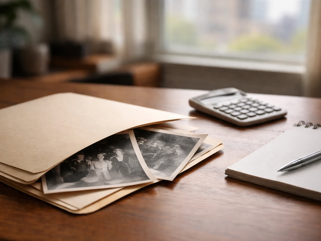 Minimal office scene with a single archived photo corner and a calculator beside it, symbolizing verifying estimates