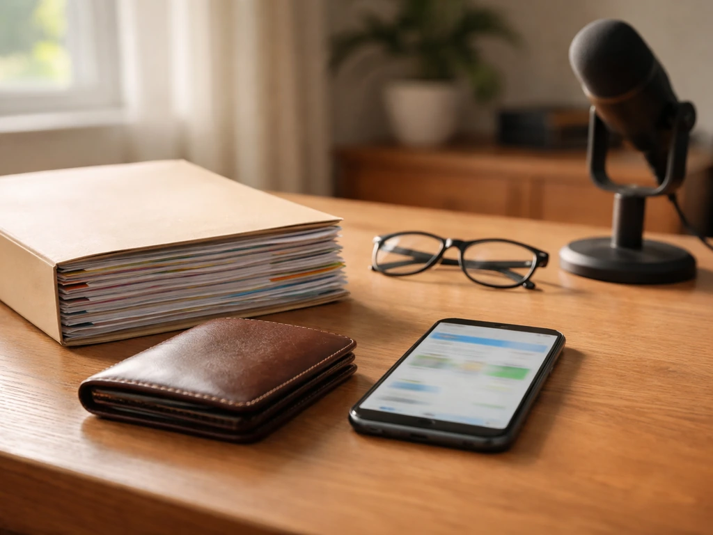 Minimal desk scene with wallet, documents, and a blurred phone screen symbolizing net worth verification
