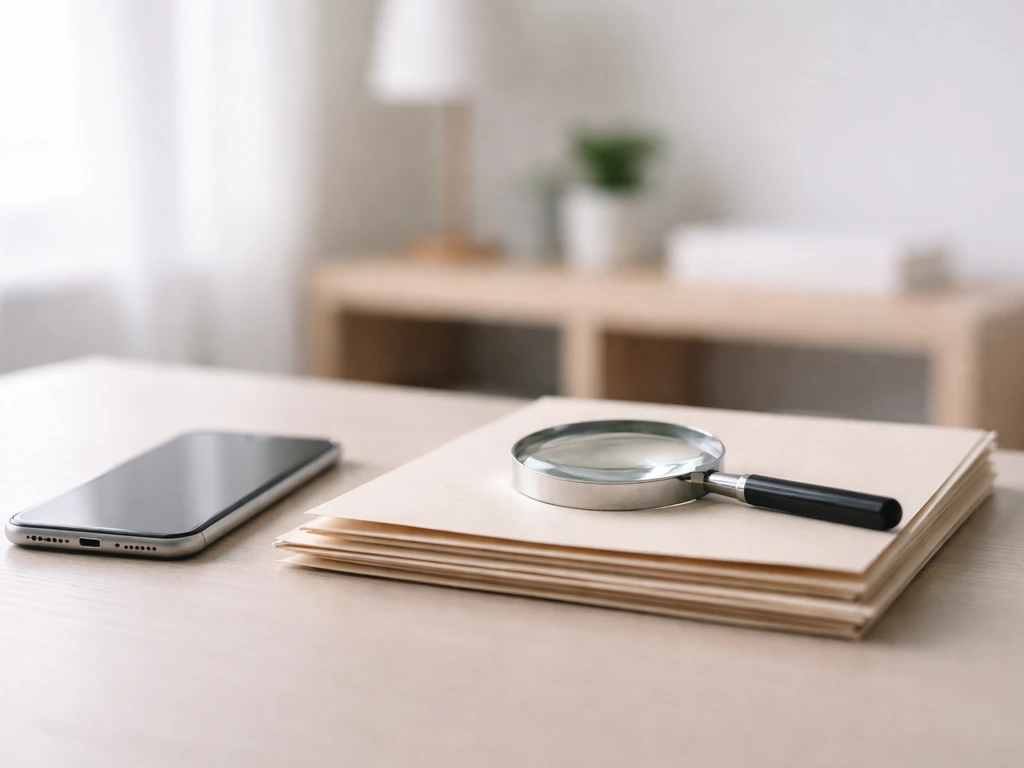 Minimal office desk with phone, magnifying glass, and folders suggesting identity verification for a profile