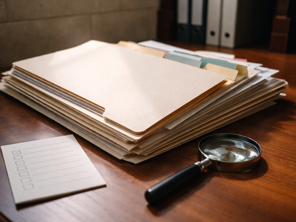 Close-up desk scene with a courthouse file folder, document tabs, and magnifying glass for public-record research.