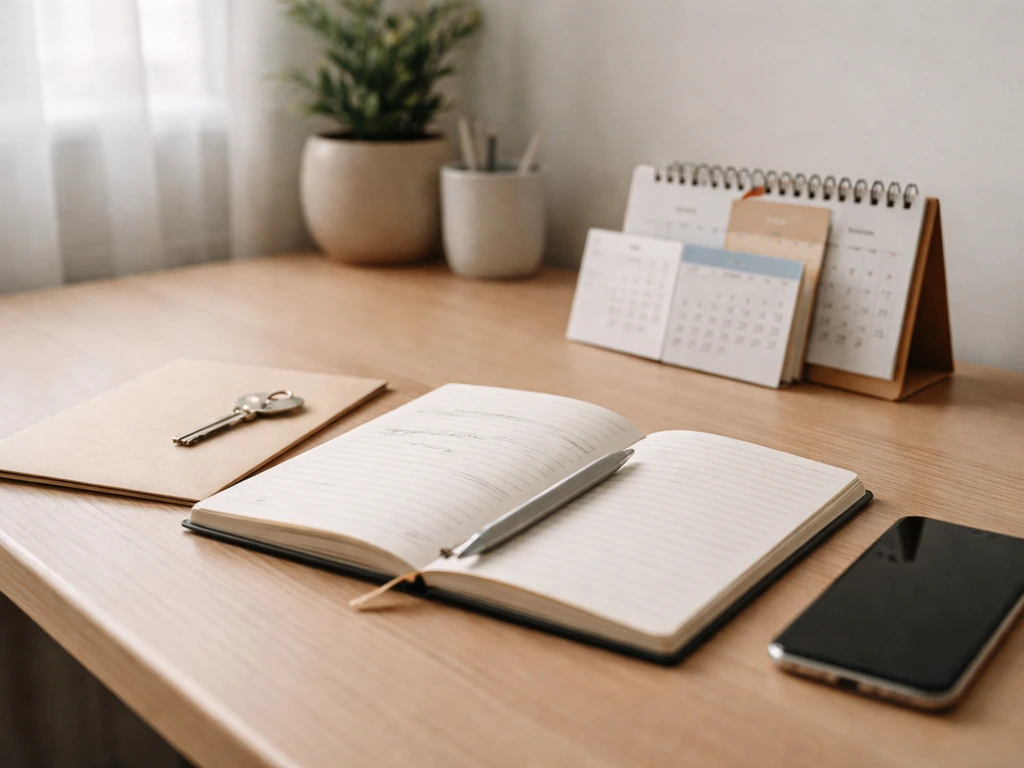 Minimal desk scene with an open notebook and a calendar beside a smartphone, symbolizing changing estimates over time