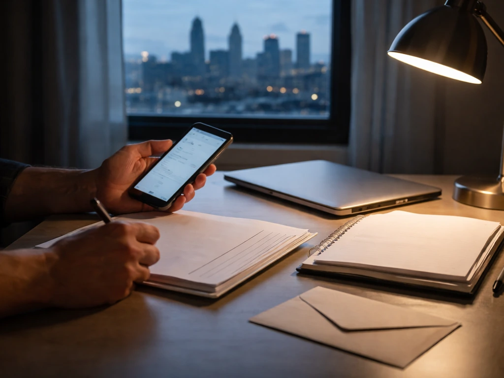 Minimal desk scene with laptop, smartphone, and faint Philadelphia skyline backdrop symbolizing net worth verification