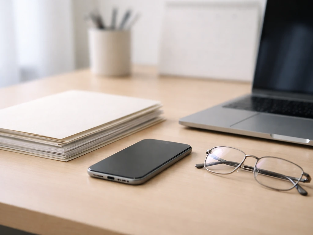 Minimal desk scene with phone, glasses, and blank documents symbolizing identity verification.