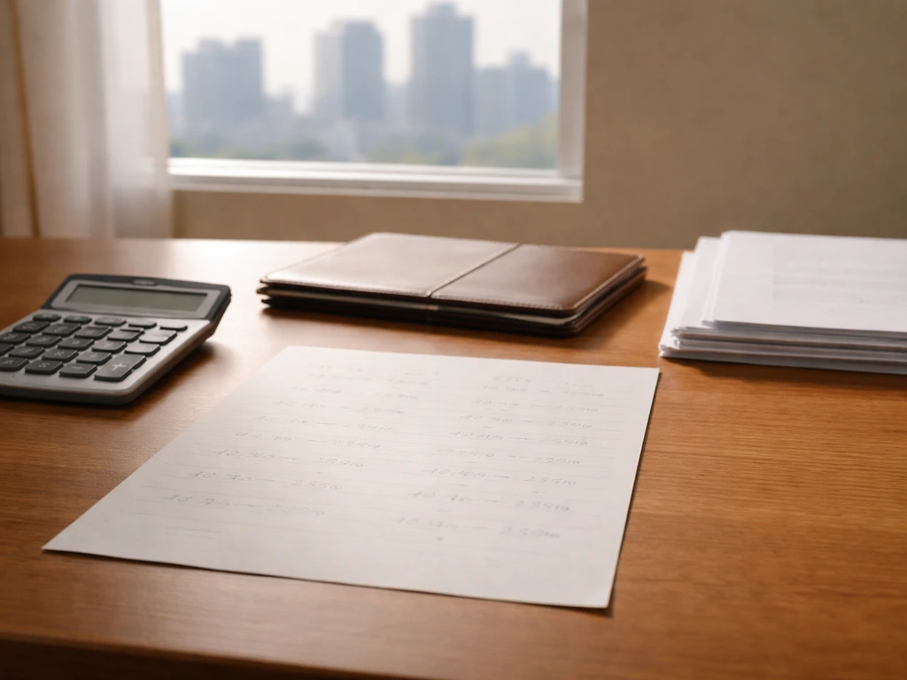 Minimal desk scene with calculator and blank worksheet pages suggesting net-worth range calculations.