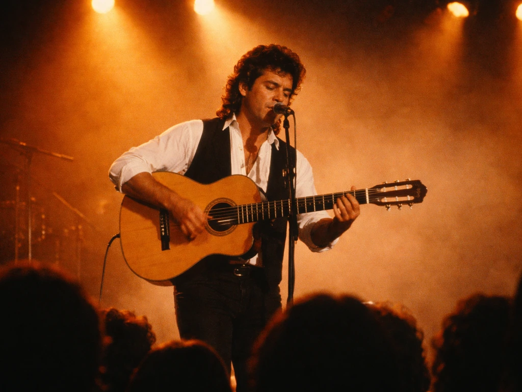Guitarist on stage under warm amber lights during a live concert, with blurred crowd in the background.