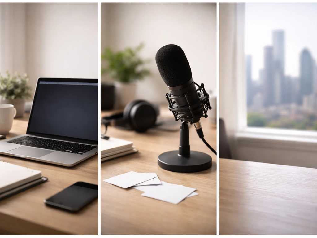 Minimal desk scene with an open laptop and studio mic, suggesting researching credible sources for wealth