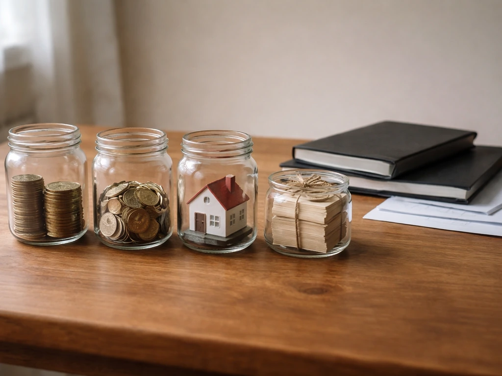 Minimal desk scene with jars and envelopes symbolizing assets versus debts, shown without any text.