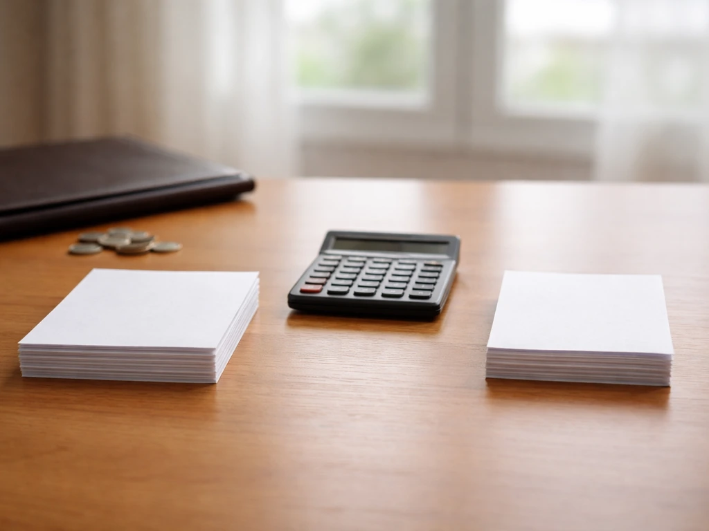 Minimal office desk scene showing two contrasting stacks of documents and a calculator for net-worth methods